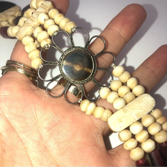 Vtg Carved Bone Petrified Wood & Leather Accent Choker Necklace 12” - 14” - Picture 5 of 7